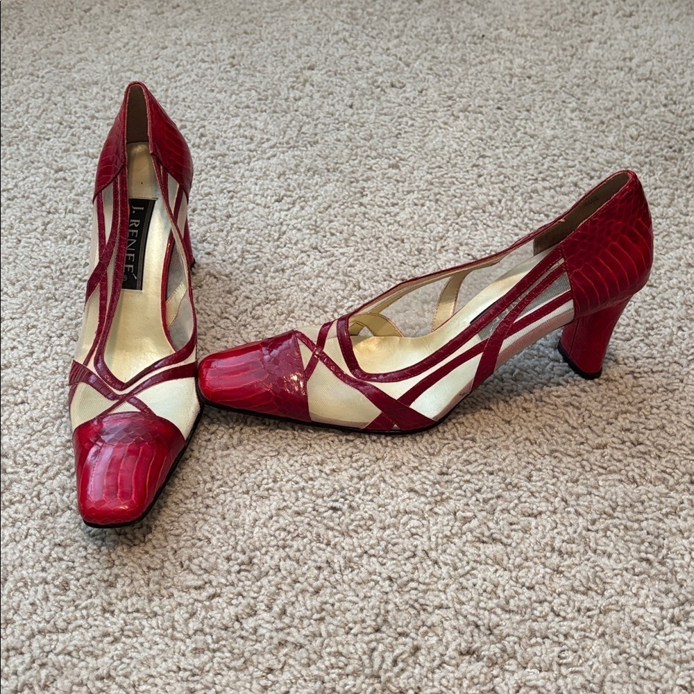 J. Renee Vintage Red Croc-Embossed Heels With Sheer Panel - Picture 1 of 7